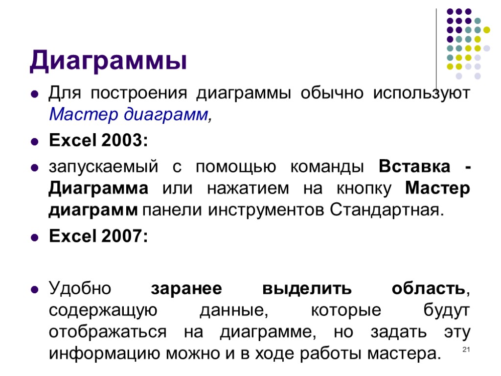 21 Диаграммы Для построения диаграммы обычно используют Мастер диаграмм, Excel 2003: запускаемый с помощью